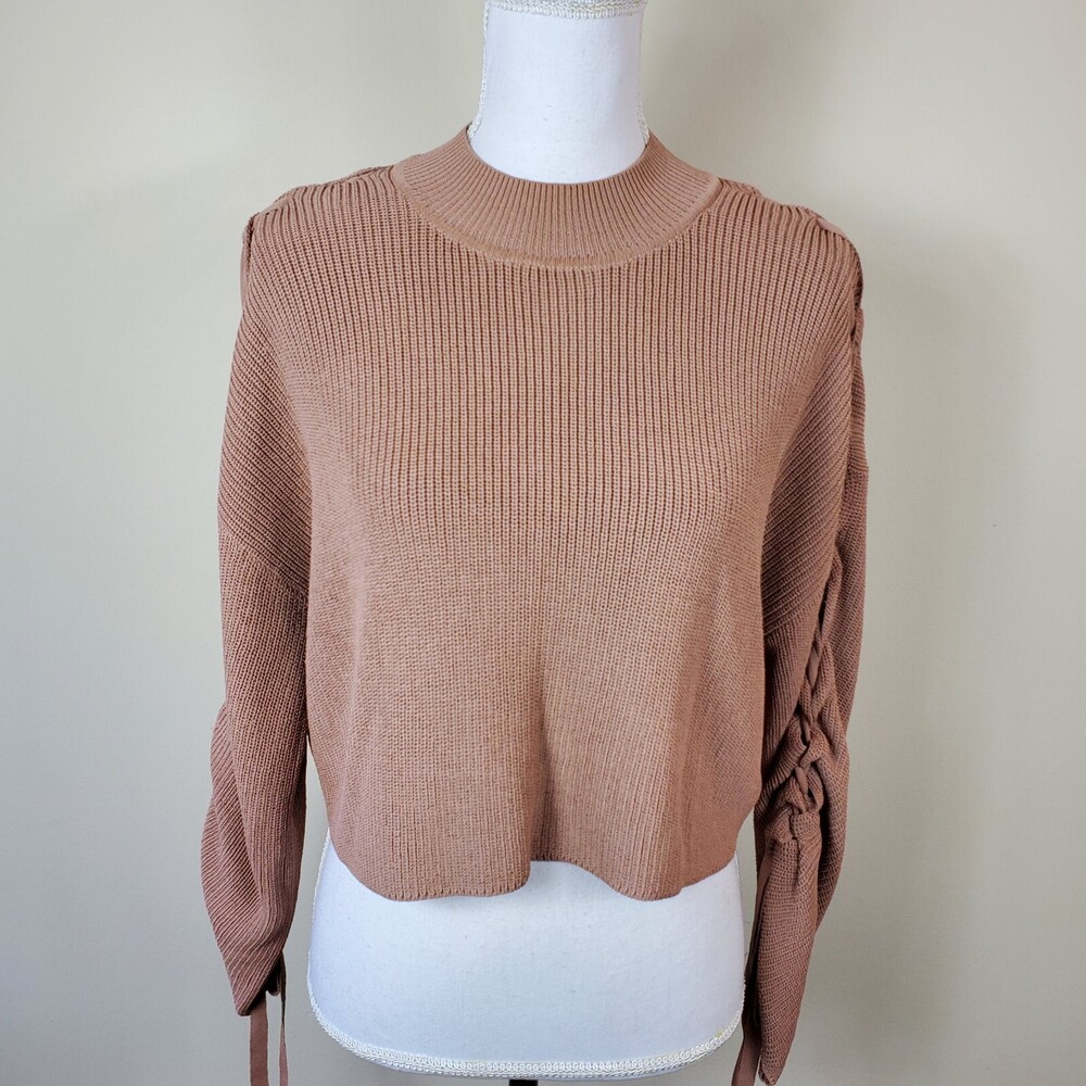 Wilfred Womens Sweater M Tan Brown Crop Pullover Tie Sleeves Relaxed Fit Top